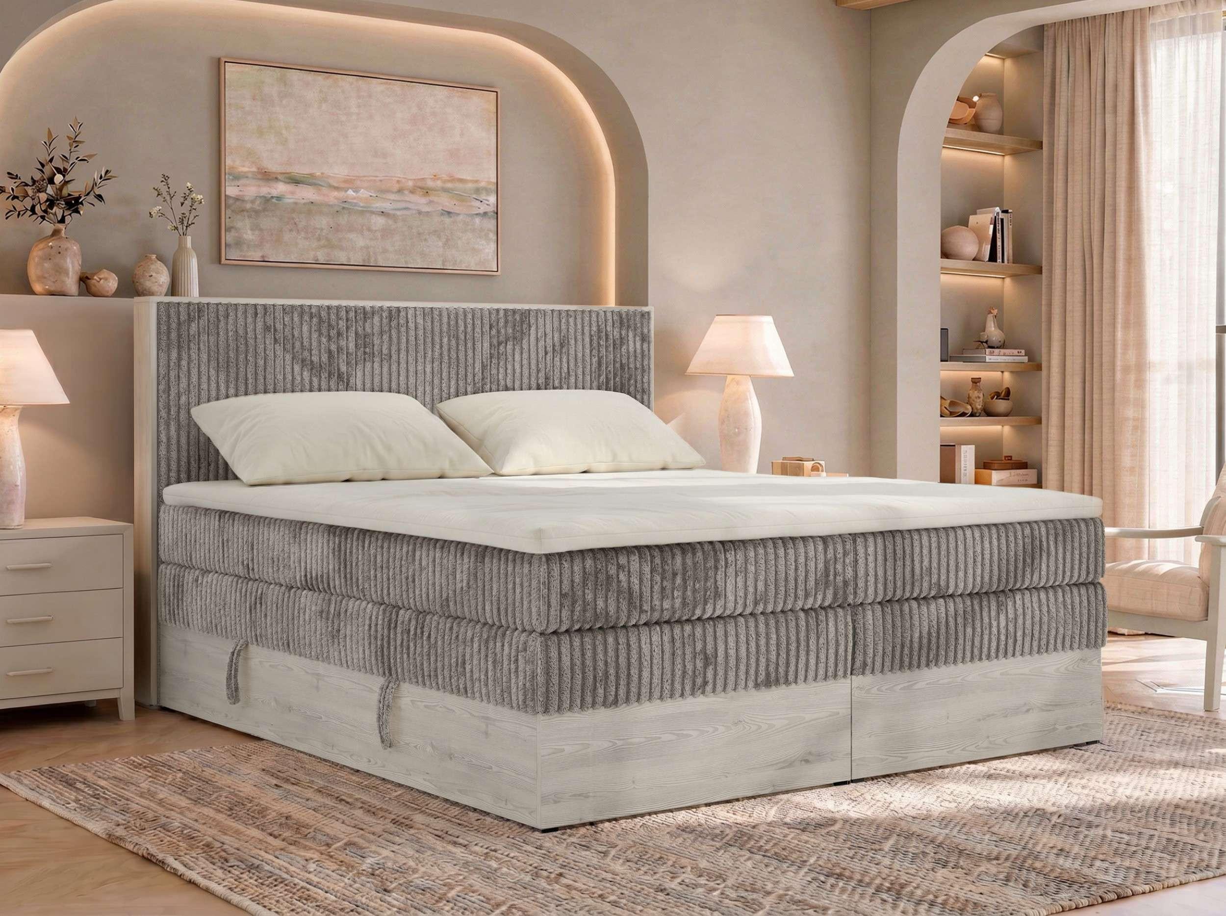BOXSPRINGBETT NORDIC KING 160/200 - Hellbraun Cord - Topper T25 - H4 Textil MKS Möbel > Betten > Boxspringbetten Braun