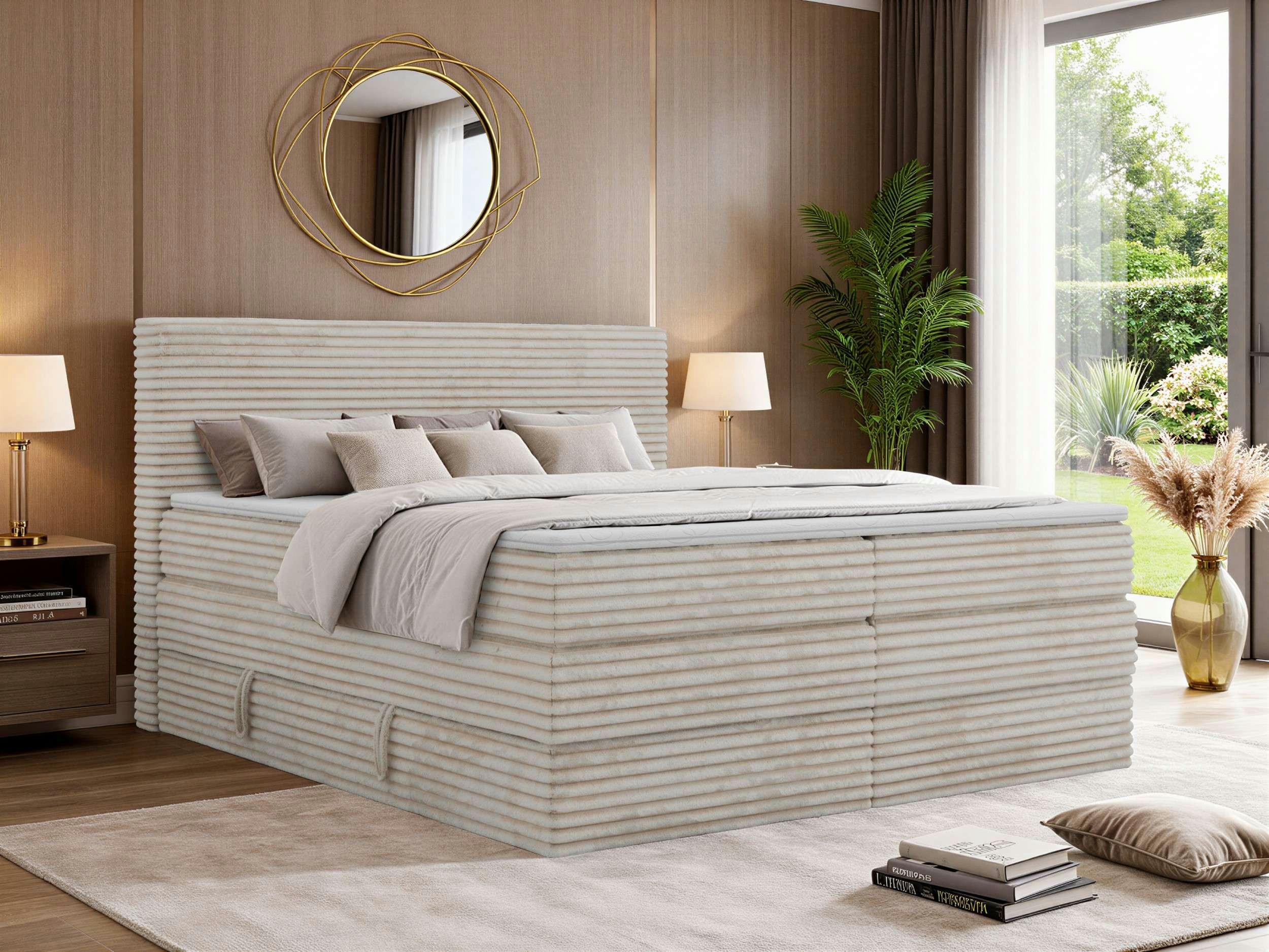 wohnli-moebel-suche-800001750732-1 BOXSPRINGBETT TILION KING 180/200 - Beige Cord - Topper Visco - H3 Textil MKS Möbel > Betten > Boxspringbetten Beige