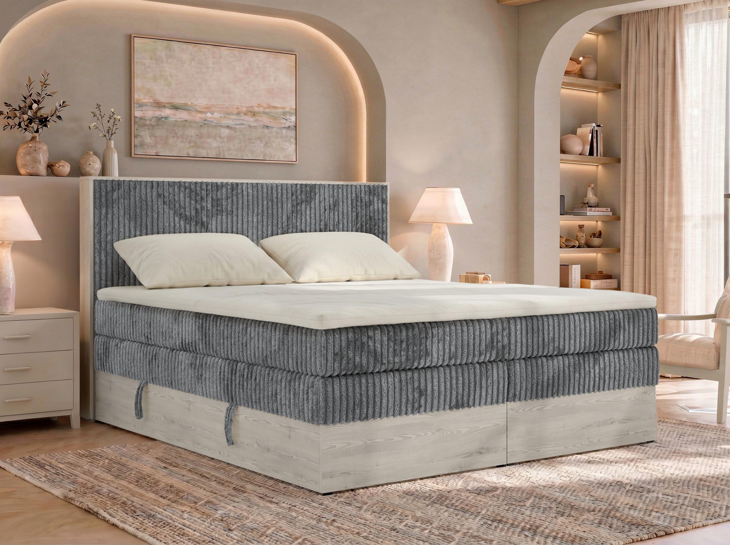 BOXSPRINGBETT NORDIC KING 180/200 - Grau Cord - Topper Visco - H4 Textil MKS Möbel > Betten > Boxspringbetten Grau