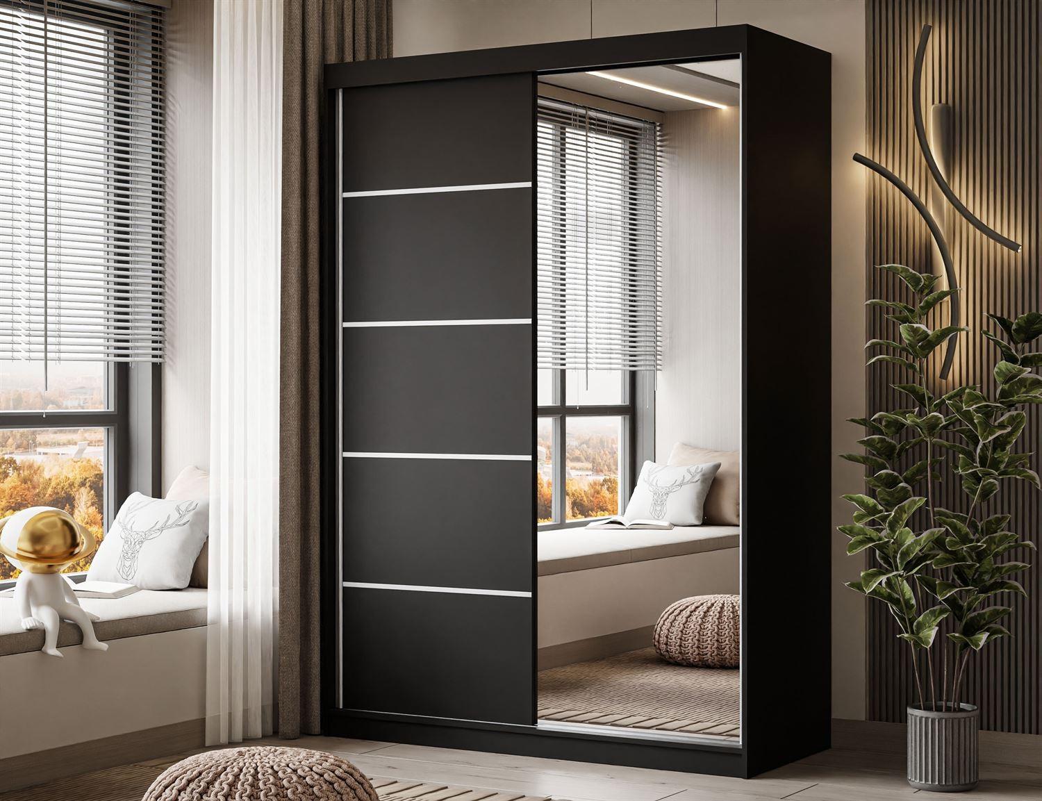 wohnli-moebel-suche-800001751556-1 KLEIDERSCHRANK CAMARO II PLUS 150 cm mit Spiegel Schiebetürenschrank Schwarz Holzwerkstoff Lookway Garderoben Schwarz