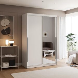 wohnli-moebel-suche-800001803992-1 SCHIEBETÜRENSCHRANK SILENTE 140 cm mit Einlegeböden und Kleiderstange Holzwerkstoff Idohome Möbel > Schränke > Kleiderschränke > Schwebetürenschränke Weiß