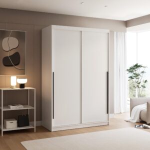 wohnli-moebel-suche-800001804008-1 SCHIEBETÜRENSCHRANK SILENTE 140 cm mit Einlegeböden und Kleiderstange Holzwerkstoff Idohome Möbel > Schränke > Kleiderschränke > Schwebetürenschränke Weiß