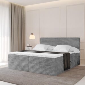 wohnli-moebel-suche-800001811472-1 BOXBETT mit Matratze H3 und Lattenrost - TOLO-v1 - 200x200 Cord - Hellgrau Holzwerkstoff Möbel > Betten > Boxspringbetten Grau