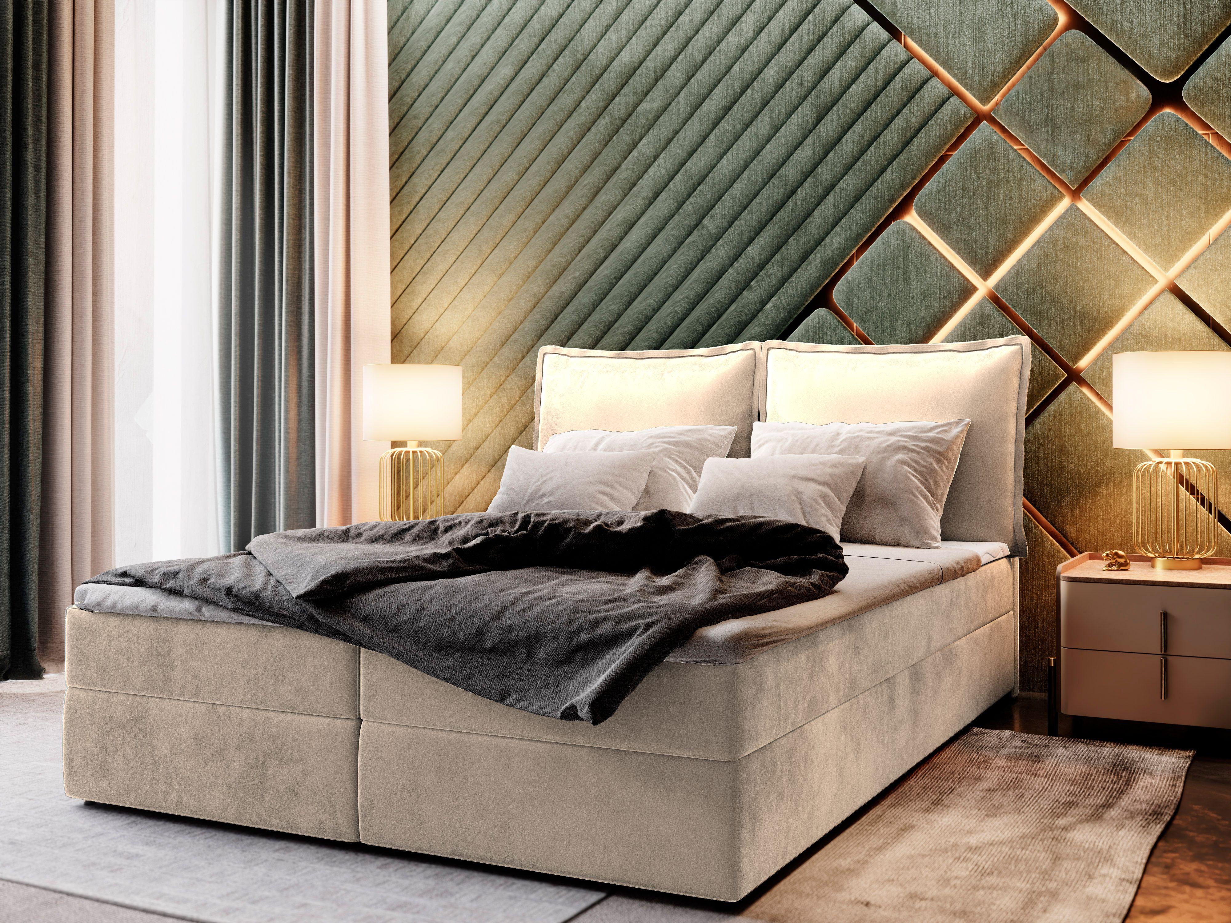 BOXBETT LENTE 160x200 cm mit Matratze und Topper - Creme Holz MASSENO Möbel > Betten > Boxspringbetten Weiß