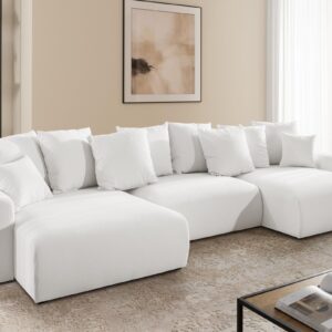 WOHNLANDSCHAFT Calma mit Schlaffunktion und Bettkasten im Bumpy-Design aus weichem Creme Webstoff Textil S-Style Möbel > Sofas & Couches > Wohnlandschaften > Wohnlandschaften U-Form Weiß