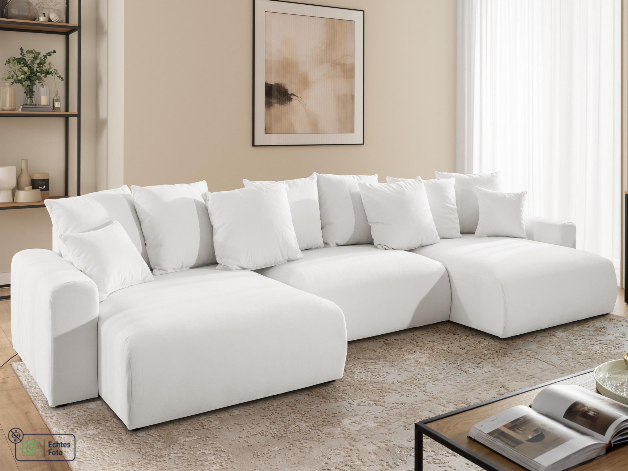 WOHNLANDSCHAFT Calma mit Schlaffunktion und Bettkasten im Bumpy-Design aus weichem Creme Webstoff Textil S-Style Möbel > Sofas & Couches > Wohnlandschaften > Wohnlandschaften U-Form Weiß
