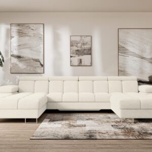 WOHNLANDSCHAFT mit Schlaffunktion und Bettkasten COMA U2 345x203x79 Creme Velours Textil ALTDECOR Möbel > Sofas & Couches > Wohnlandschaften > Wohnlandschaften U-Form Weiß