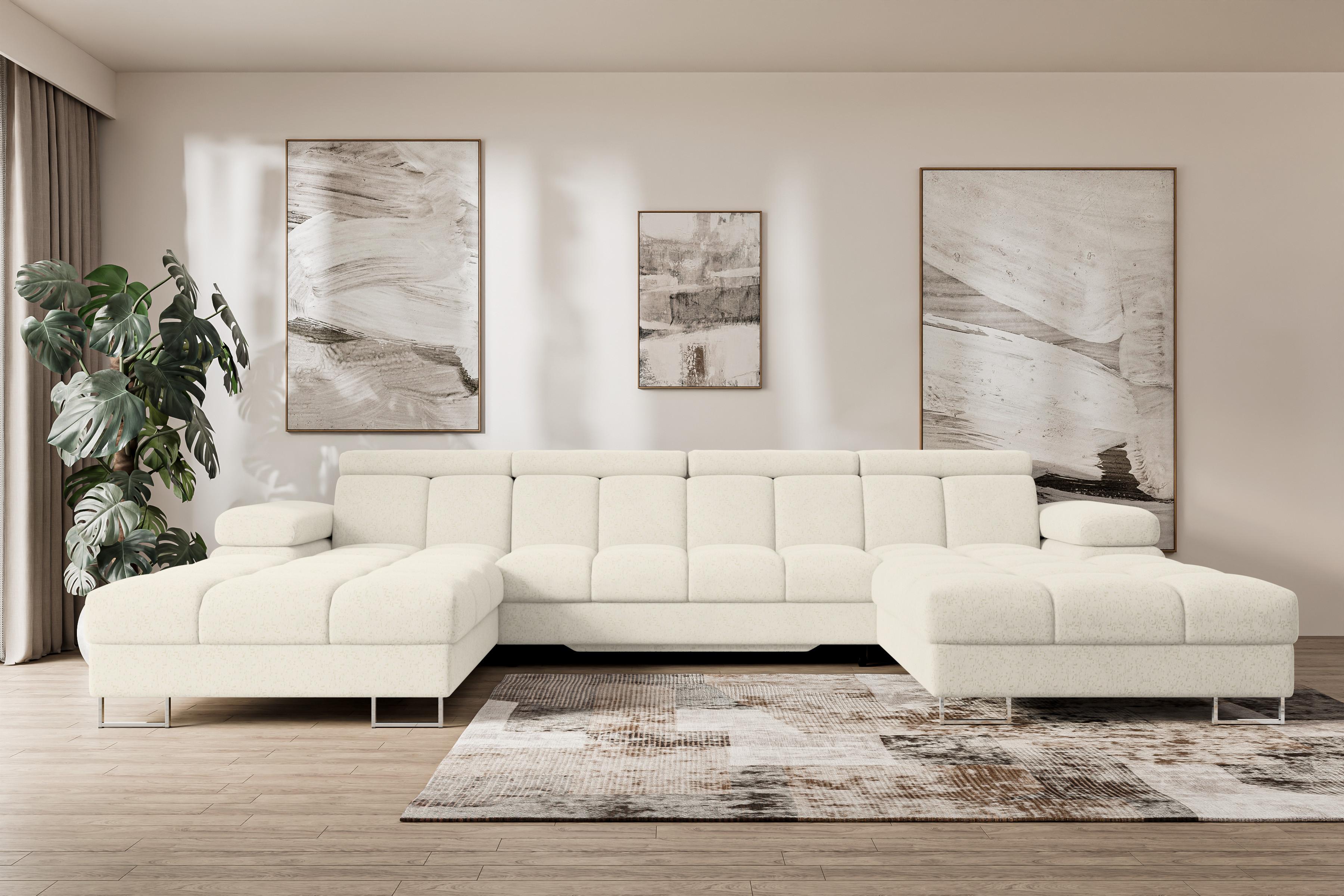 WOHNLANDSCHAFT mit Schlaffunktion und Bettkasten COMA U2 345x203x79 Creme Velours Textil ALTDECOR Möbel > Sofas & Couches > Wohnlandschaften > Wohnlandschaften U-Form Weiß