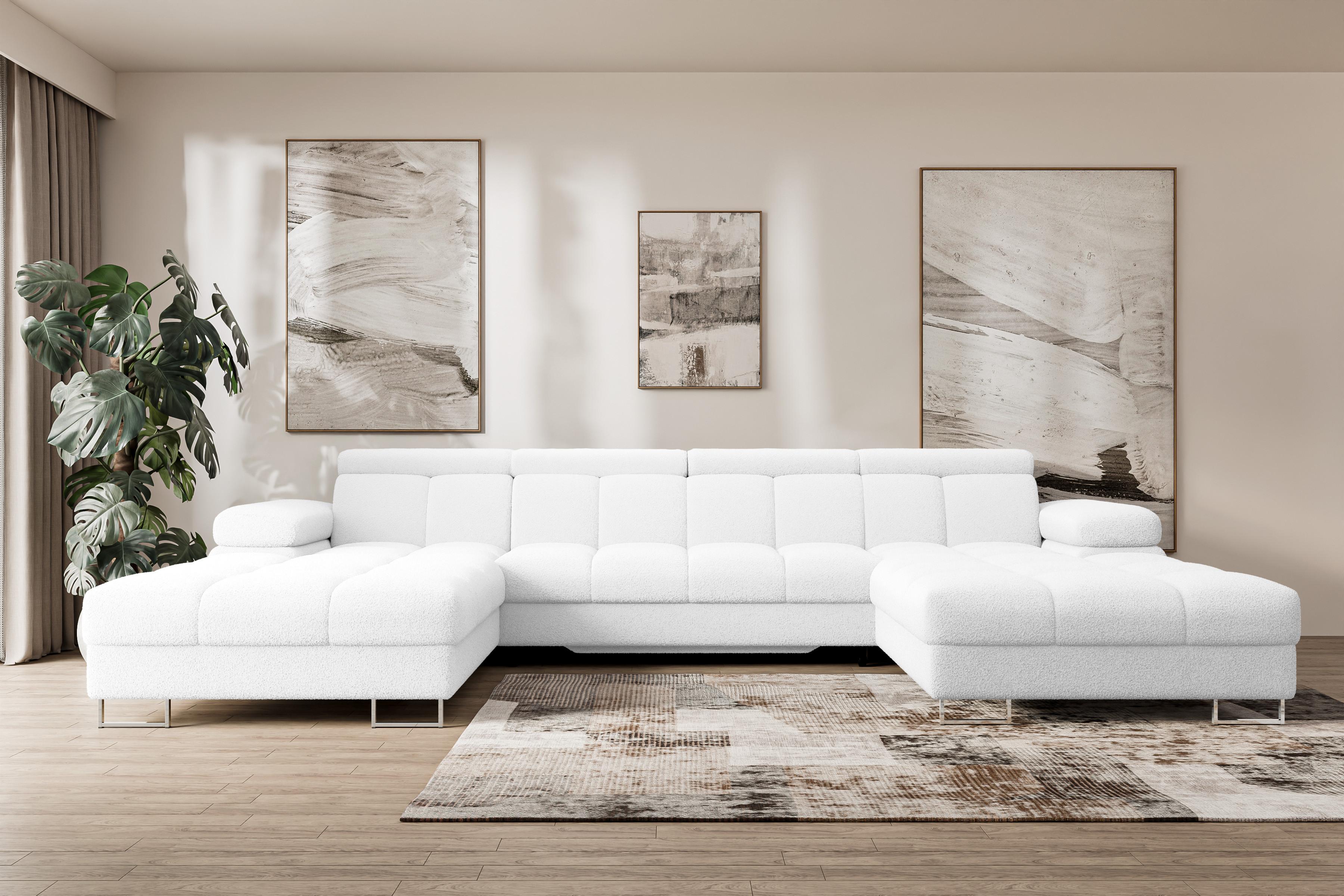 WOHNLANDSCHAFT mit Schlaffunktion und Bettkasten COMA U2 345x203x79 Weiß Bouclé Textil ALTDECOR Möbel > Sofas & Couches > Wohnlandschaften > Wohnlandschaften U-Form Weiß