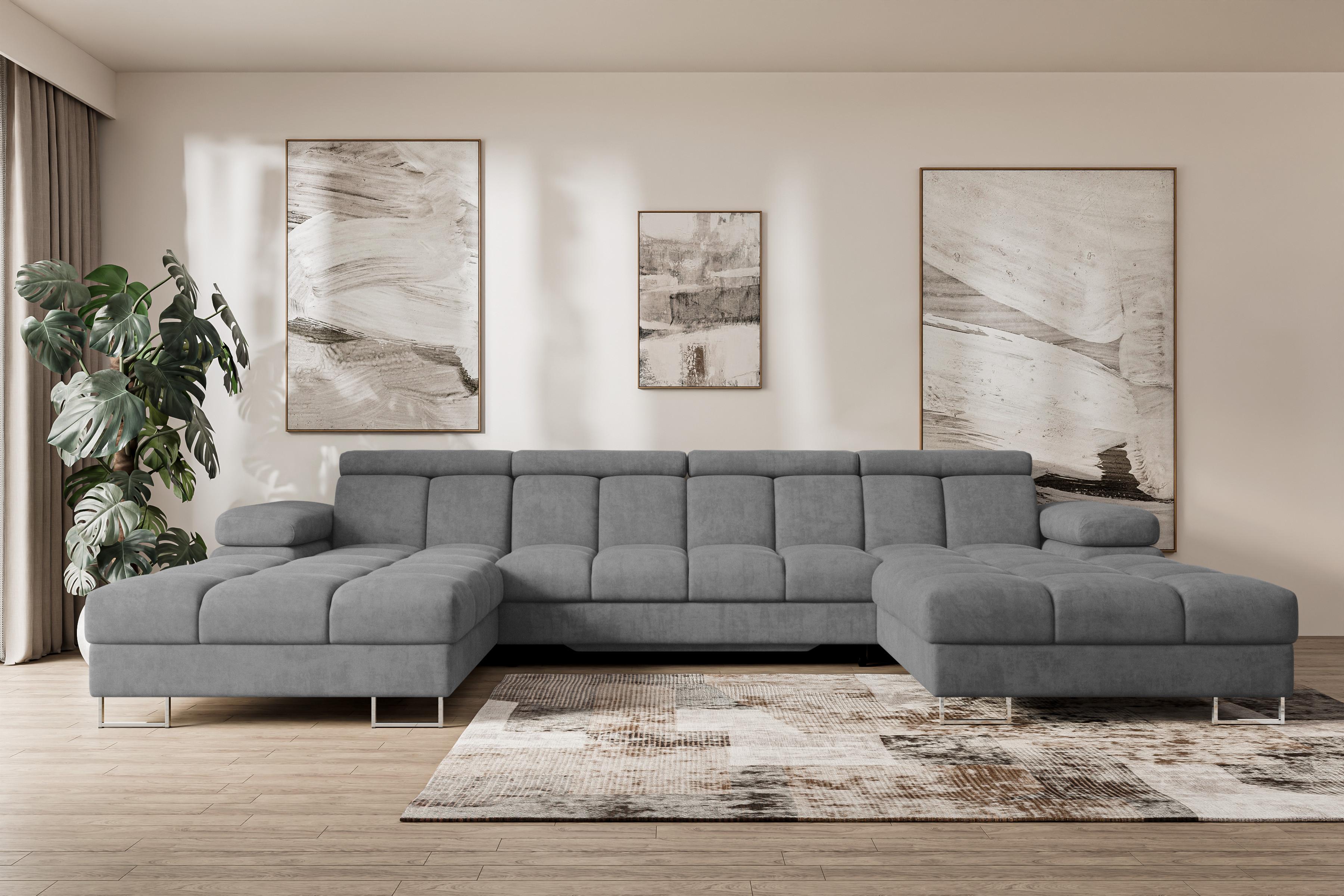 WOHNLANDSCHAFT mit Schlaffunktion und Bettkasten COMA U2 345x203x79 Grau Velours Textil ALTDECOR Möbel > Sofas & Couches > Wohnlandschaften > Wohnlandschaften U-Form Grau