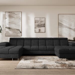 wohnli-moebel-suche-800001833586-1 WOHNLANDSCHAFT mit Schlaffunktion und Bettkasten COMA U2 345x203x79 Schwarz Velours Textil ALTDECOR Möbel > Sofas & Couches > Wohnlandschaften > Wohnlandschaften U-Form Schwarz