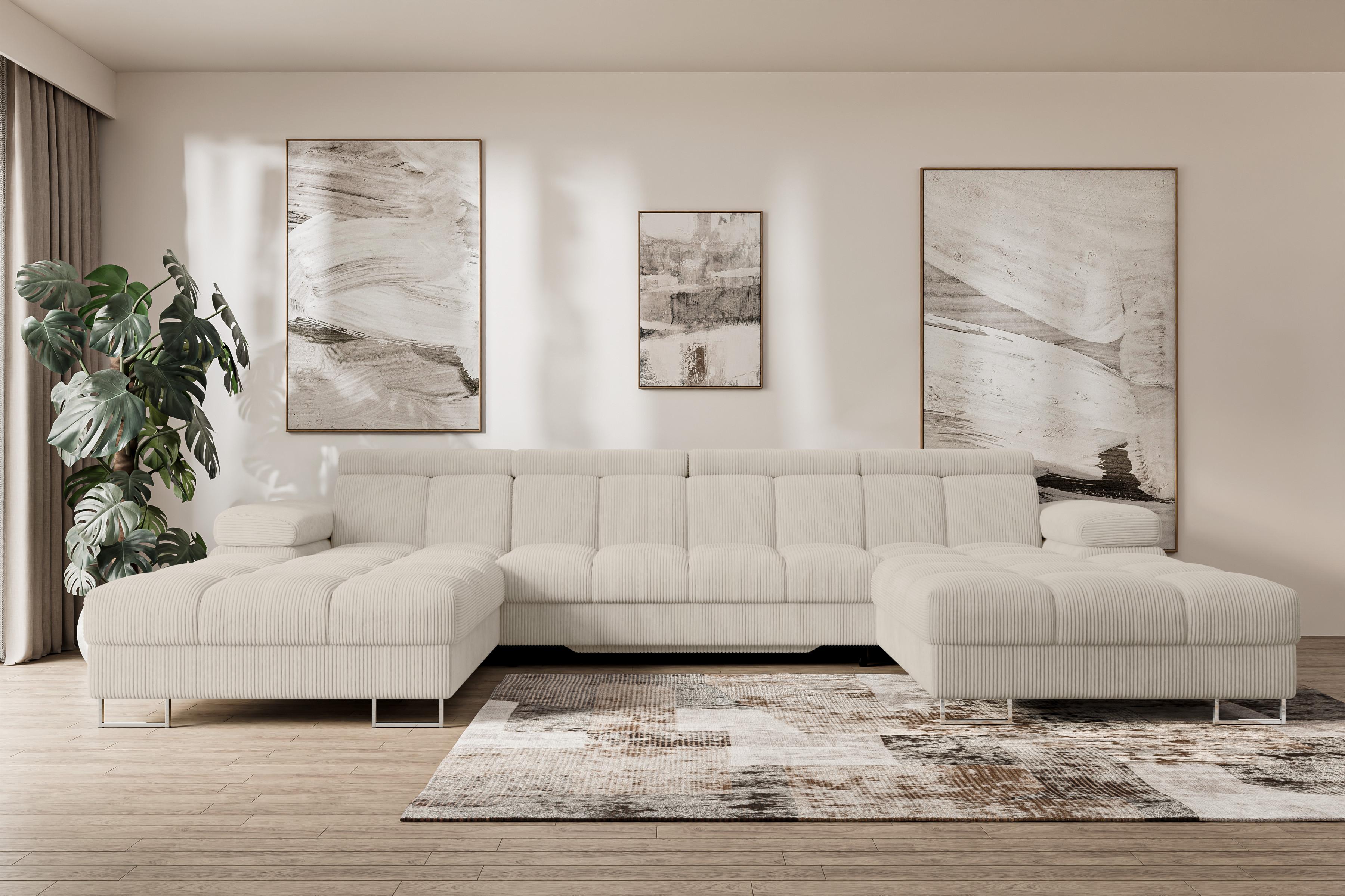 WOHNLANDSCHAFT mit Schlaffunktion und Bettkasten COMA U2 345x203x79 Beige Cord Textil ALTDECOR Möbel > Sofas & Couches > Wohnlandschaften > Wohnlandschaften U-Form Beige
