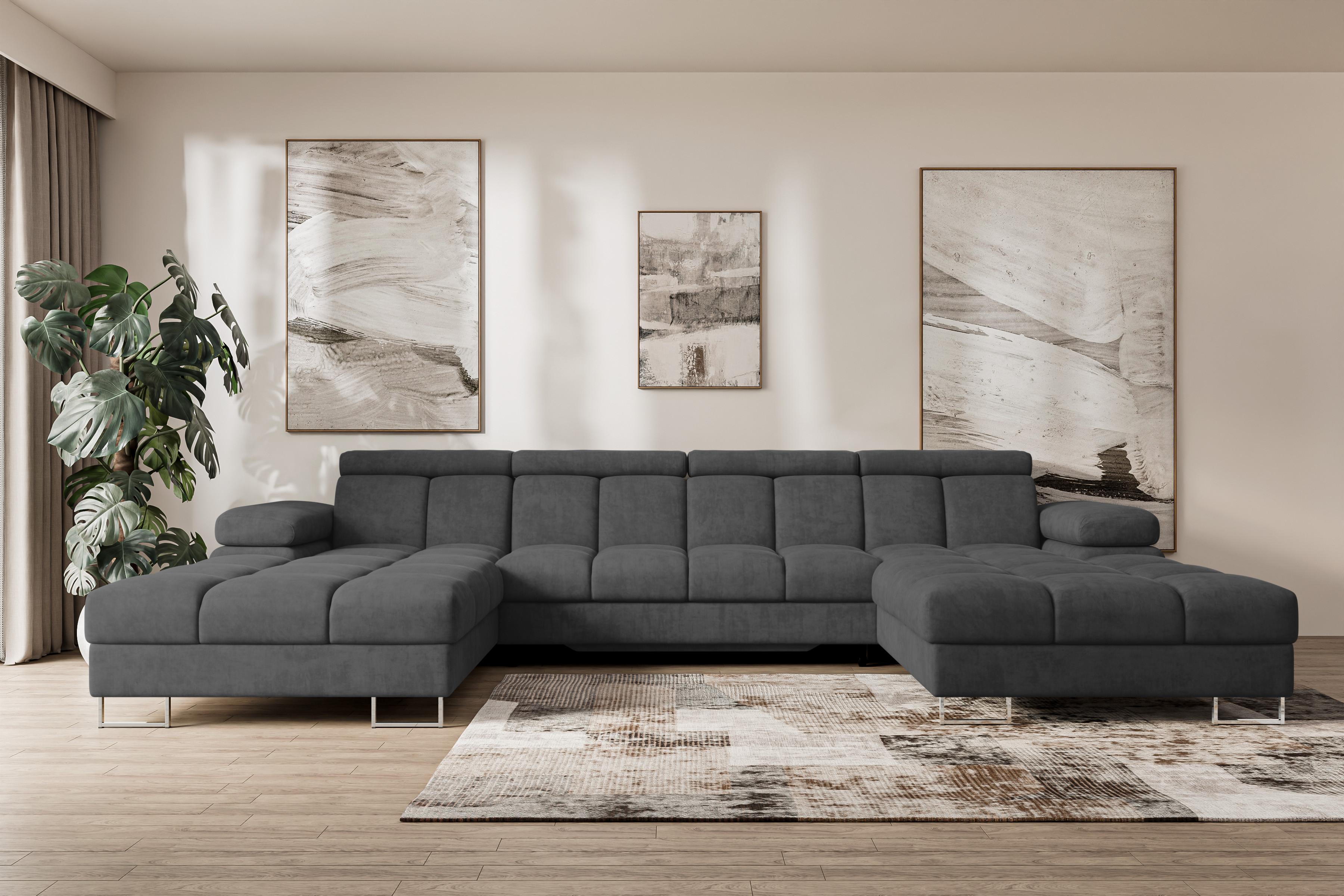 WOHNLANDSCHAFT mit Schlaffunktion und Bettkasten COMA U2 345x203x79 Dunkelgrau Velours Textil ALTDECOR Möbel > Sofas & Couches > Wohnlandschaften > Wohnlandschaften U-Form Grau