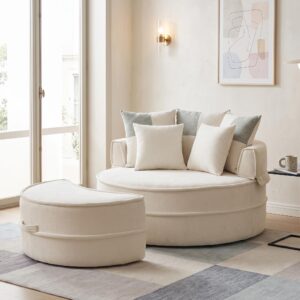 wohnli-moebel-suche-800001844124-1 SESSEL Rundes Sofa mit Hocker & 5 Kissen Chenille Beige Textil Urban Meuble Möbel > Sessel > Polstersessel Beige