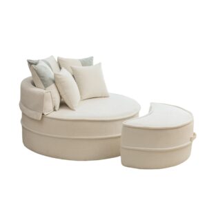 Wohnli Möbelsuche - SESSEL Rundes Sofa mit Hocker & 5 Kissen Chenille Beige