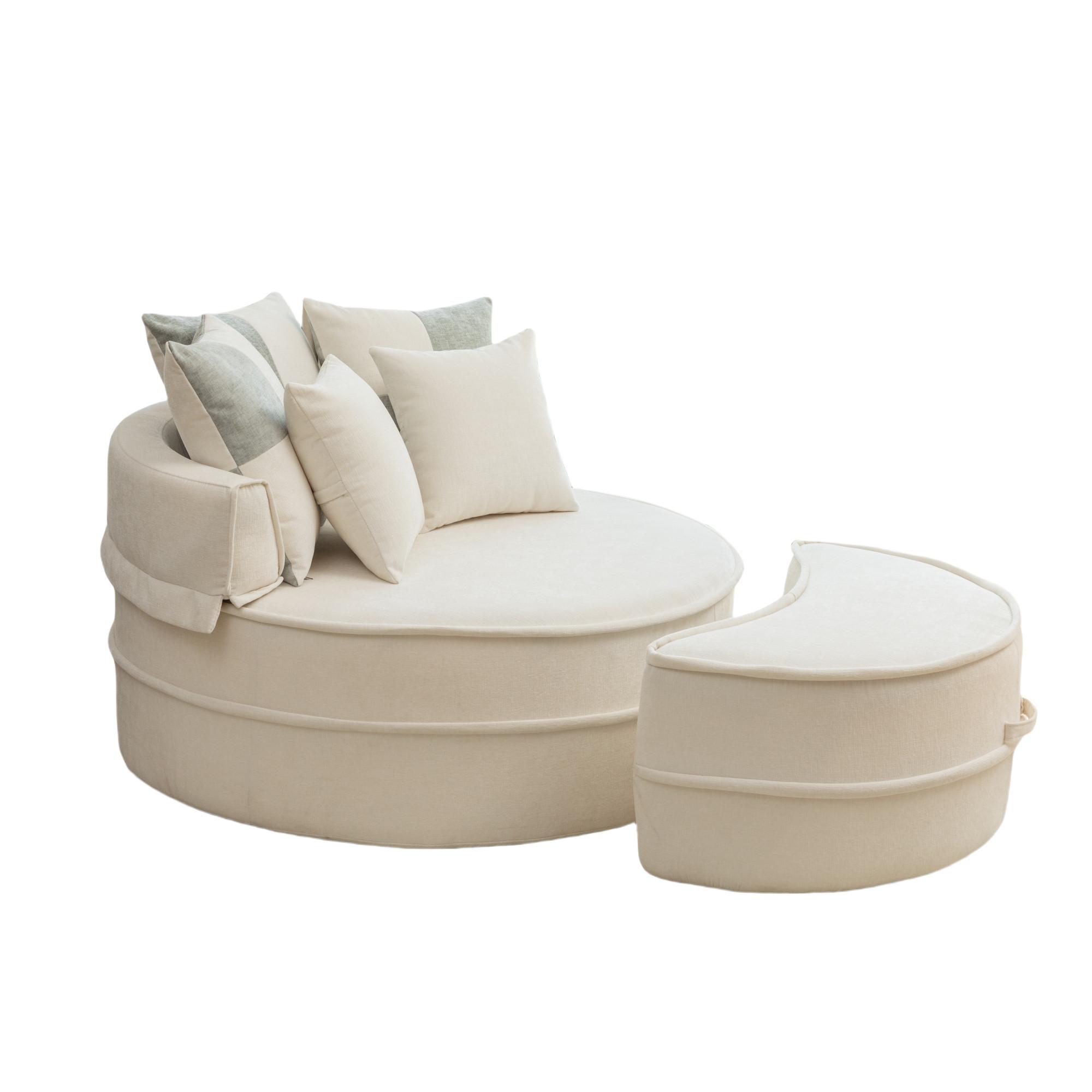 Wohnli Möbelsuche - SESSEL Rundes Sofa mit Hocker & 5 Kissen Chenille Beige