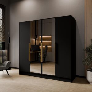 wohnli-moebel-suche-800001865179-1 DREHTÜRENSCHRANK RENVO 200/200/51 cm Modern Kleiderschrank 4-türig mit Spiegel Schwarz Holzwerkstoff MASSENO Möbel > Schränke > Kleiderschränke > Drehtürenschränke Schwarz