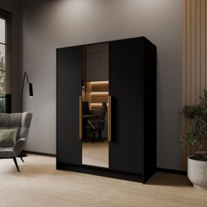 wohnli-moebel-suche-800001865183-1 DREHTÜRENSCHRANK RENVO 150/200/51 cm Modern Kleiderschrank 3-türig mit Spiegel Schwarz Holzwerkstoff MASSENO Möbel > Schränke > Kleiderschränke > Drehtürenschränke Schwarz