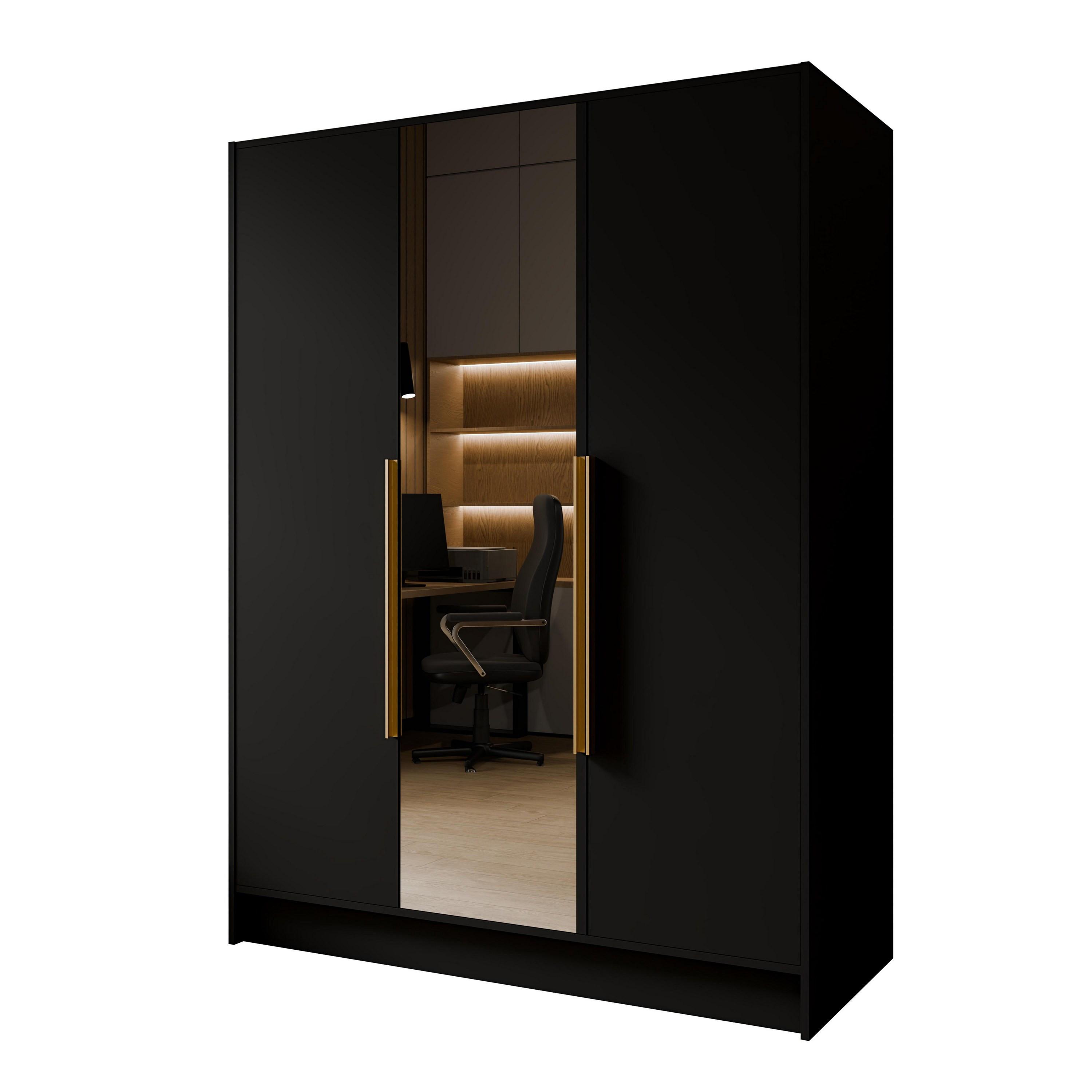 wohnli-moebel-suche-800001865183 Wohnli Möbelsuche - DREHTÜRENSCHRANK RENVO 150/200/51 cm Modern Kleiderschrank 3-türig mit Spiegel Schwarz