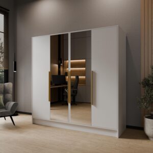 wohnli-moebel-suche-800001865187-1 DREHTÜRENSCHRANK RENVO 200/200/51 cm Modern Kleiderschrank 4-türig mit Spiegel Weiß Holzwerkstoff MASSENO Möbel > Schränke > Kleiderschränke > Drehtürenschränke Weiß