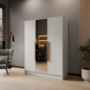 wohnli-moebel-suche-800001865202-1 DREHTÜRENSCHRANK RENVO 150/200/51 cm Modern Kleiderschrank 3-türig mit Spiegel Weiß Holzwerkstoff MASSENO Möbel > Schränke > Kleiderschränke > Drehtürenschränke Weiß