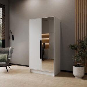 wohnli-moebel-suche-800001865210-1 DREHTÜRENSCHRANK RENVO 102/200/51 cm Modern Kleiderschrank 2-türig mit Spiegel Weiß Holzwerkstoff MASSENO Möbel > Schränke > Kleiderschränke > Drehtürenschränke Weiß
