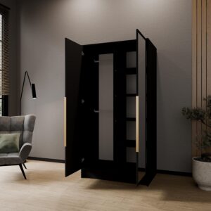 wohnli-moebel-suche-800001865220-1 DREHTÜRENSCHRANK RENVO 102/200/51 cm Modern Kleiderschrank 2-türig mit Spiegel Schwarz Holzwerkstoff MASSENO Möbel > Schränke > Kleiderschränke > Drehtürenschränke Schwarz