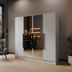 wohnli-moebel-suche-800001865224-1 DREHTÜRENSCHRANK RENVO 200/200/51 cm Modern Kleiderschrank 4-türig mit Spiegel Weiß Holzwerkstoff MASSENO Möbel > Schränke > Kleiderschränke > Drehtürenschränke Weiß