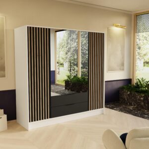 wohnli-moebel-suche-800001865260-1 DREHTÜRENSCHRANK PELOR 200/200/51 cm Modern Kleiderschrank 4-türig mit Spiegel Weiß Holzwerkstoff MASSENO Möbel > Schränke > Kleiderschränke > Drehtürenschränke Weiß