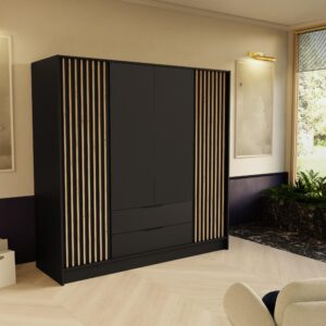 wohnli-moebel-suche-800001865274-1 DREHTÜRENSCHRANK PELOR 200/200/51 cm Modern Kleiderschrank 4-türig Schwarz Holzwerkstoff MASSENO Möbel > Schränke > Kleiderschränke > Drehtürenschränke Schwarz
