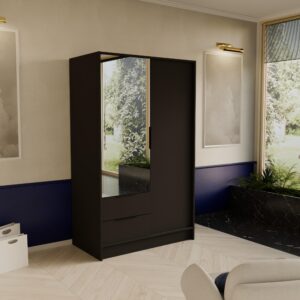 DREHTÜRENSCHRANK CAVA 102/200/51 cm Modern Kleiderschrank 2-türig mit Spiegel Schwarz Holzwerkstoff MASSENO Möbel > Schränke > Kleiderschränke > Drehtürenschränke Schwarz