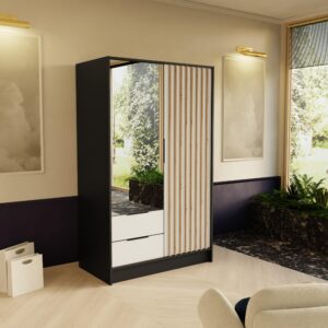 DREHTÜRENSCHRANK PELOR 102/200/51 cm Modern Kleiderschrank 2-türig mit Spiegel Schwarz Holzwerkstoff MASSENO Möbel > Schränke > Kleiderschränke > Drehtürenschränke Schwarz