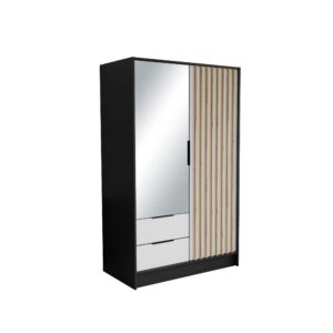 Wohnli Möbelsuche - DREHTÜRENSCHRANK PELOR 102/200/51 cm Modern Kleiderschrank 2-türig mit Spiegel Schwarz
