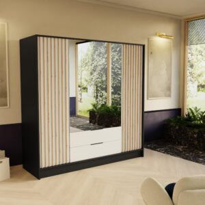 DREHTÜRENSCHRANK PELOR 200/200/51 cm Modern Kleiderschrank 4-türig mit Spiegel Schwarz Holzwerkstoff MASSENO Möbel > Schränke > Kleiderschränke > Drehtürenschränke Schwarz