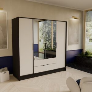 wohnli-moebel-suche-800001865298-1 DREHTÜRENSCHRANK CAVA 200/200/51 cm Modern Kleiderschrank 4-türig mit Spiegel Schwarz Holzwerkstoff MASSENO Möbel > Schränke > Kleiderschränke > Drehtürenschränke Schwarz