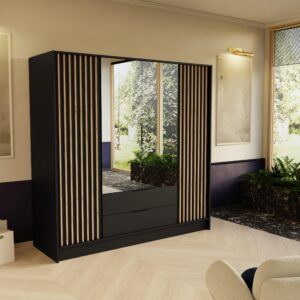 DREHTÜRENSCHRANK PELOR 200/200/51 cm Modern Kleiderschrank 4-türig mit Spiegel Schwarz Holzwerkstoff MASSENO Möbel > Schränke > Kleiderschränke > Drehtürenschränke Schwarz