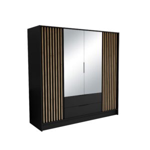 wohnli-moebel-suche-800001865303 Wohnli Möbelsuche - DREHTÜRENSCHRANK PELOR 200/200/51 cm Modern Kleiderschrank 4-türig mit Spiegel Schwarz