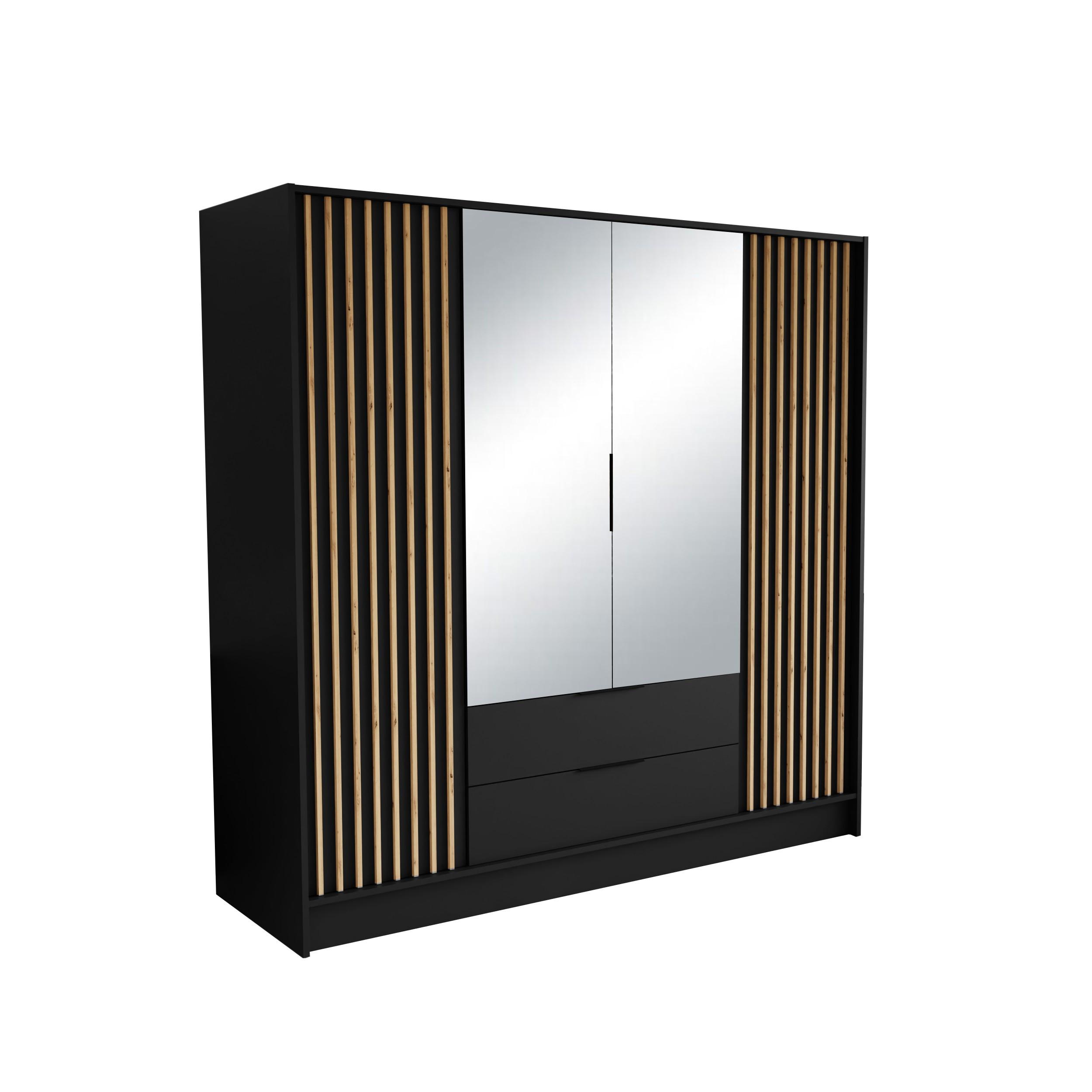 wohnli-moebel-suche-800001865303 Wohnli Möbelsuche - DREHTÜRENSCHRANK PELOR 200/200/51 cm Modern Kleiderschrank 4-türig mit Spiegel Schwarz
