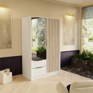 DREHTÜRENSCHRANK PELOR 102/200/51 cm Modern Kleiderschrank 2-türig mit Spiegel Weiß Holzwerkstoff MASSENO Möbel > Schränke > Kleiderschränke > Drehtürenschränke Weiß