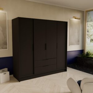 wohnli-moebel-suche-800001865323-1 DREHTÜRENSCHRANK CAVA 200/200/51 cm Modern Kleiderschrank 4-türig Schwarz Holzwerkstoff MASSENO Möbel > Schränke > Kleiderschränke > Drehtürenschränke Schwarz