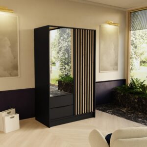 DREHTÜRENSCHRANK PELOR 102/200/51 cm Modern Kleiderschrank 2-türig mit Spiegel Schwarz Holzwerkstoff MASSENO Möbel > Schränke > Kleiderschränke > Drehtürenschränke Schwarz