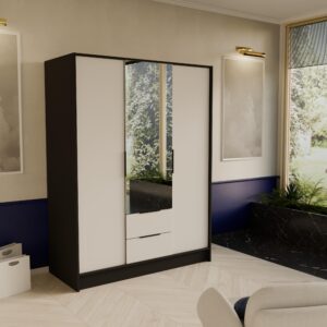 5/200/51 cm Modern Kleiderschrank 3-türig mit Spiegel Schwarz
