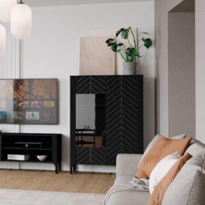 wohnli-moebel-suche-800001865554-1 VITRINE ALICANTE 145 / 103 cm in Schwarz Holzwerkstoff MASSENO Möbel > Schränke > Vitrinen Schwarz