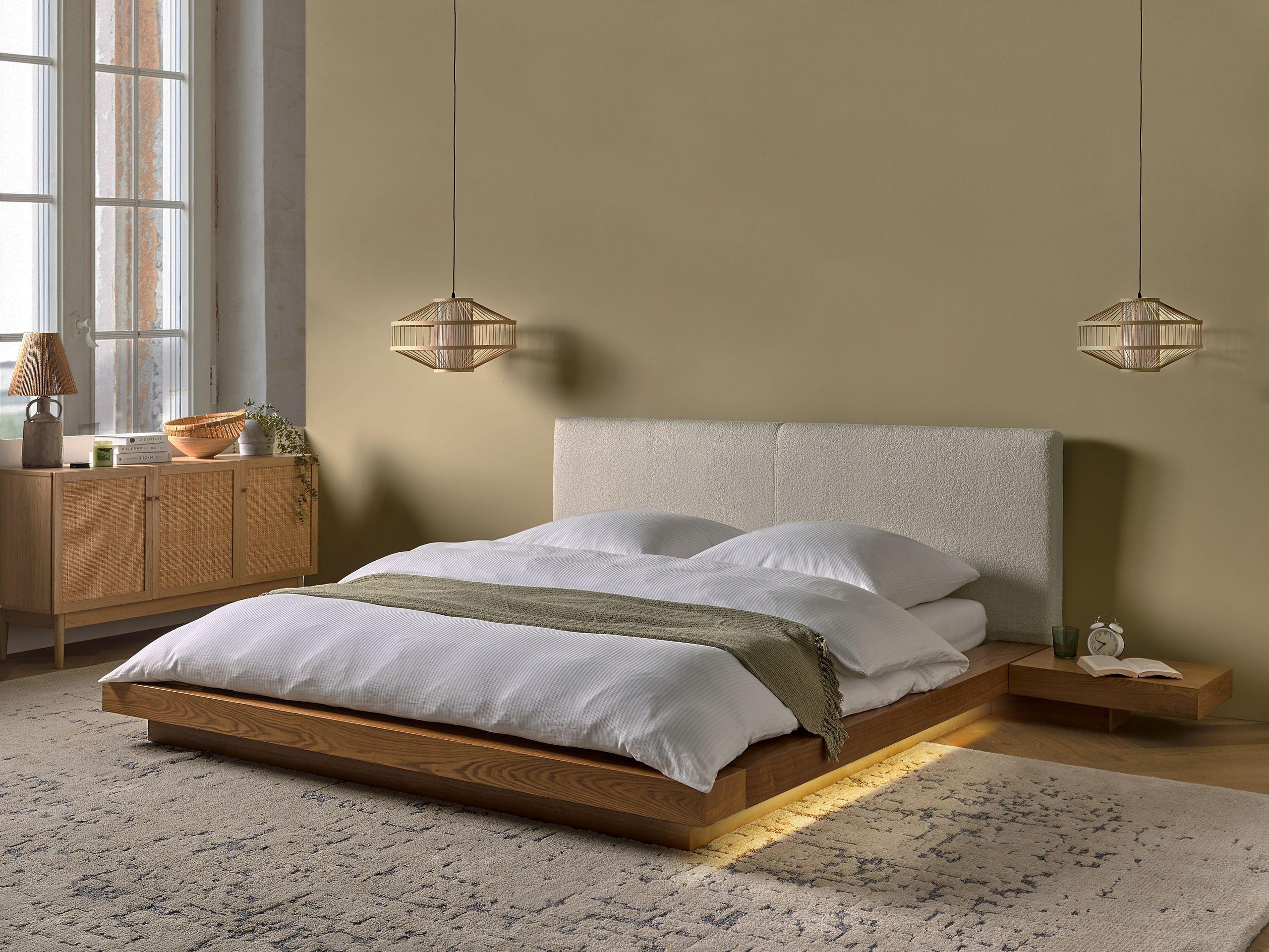 BETT mit LED 160/200 cm MDF-Platte Hellbraun Zen Holz Beliani Möbel > Betten Braun