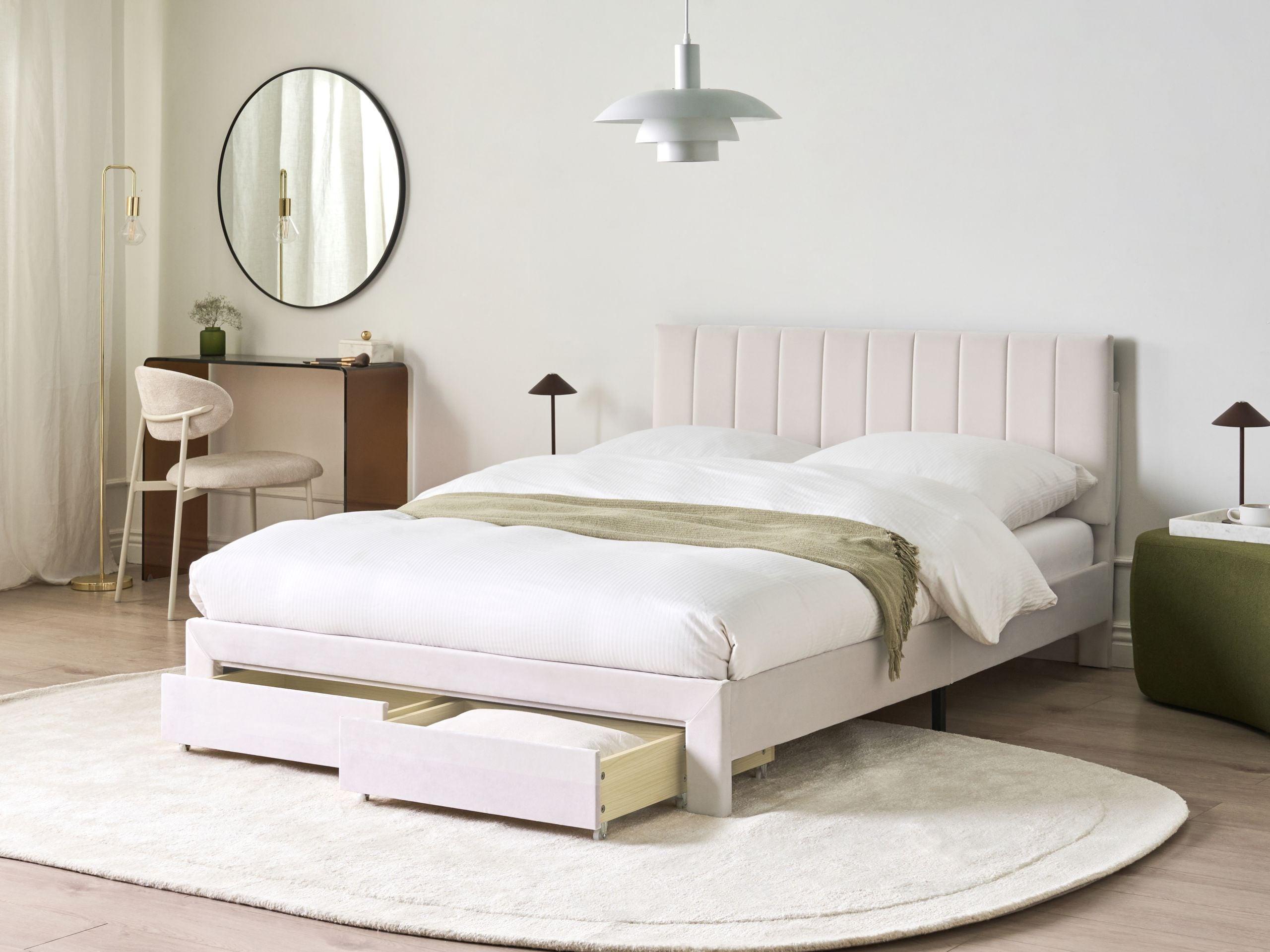 BETT mit Schubladen 140/200 cm Samtstoff Cremeweiß Lonzac Textil Beliani Möbel > Betten Weiß