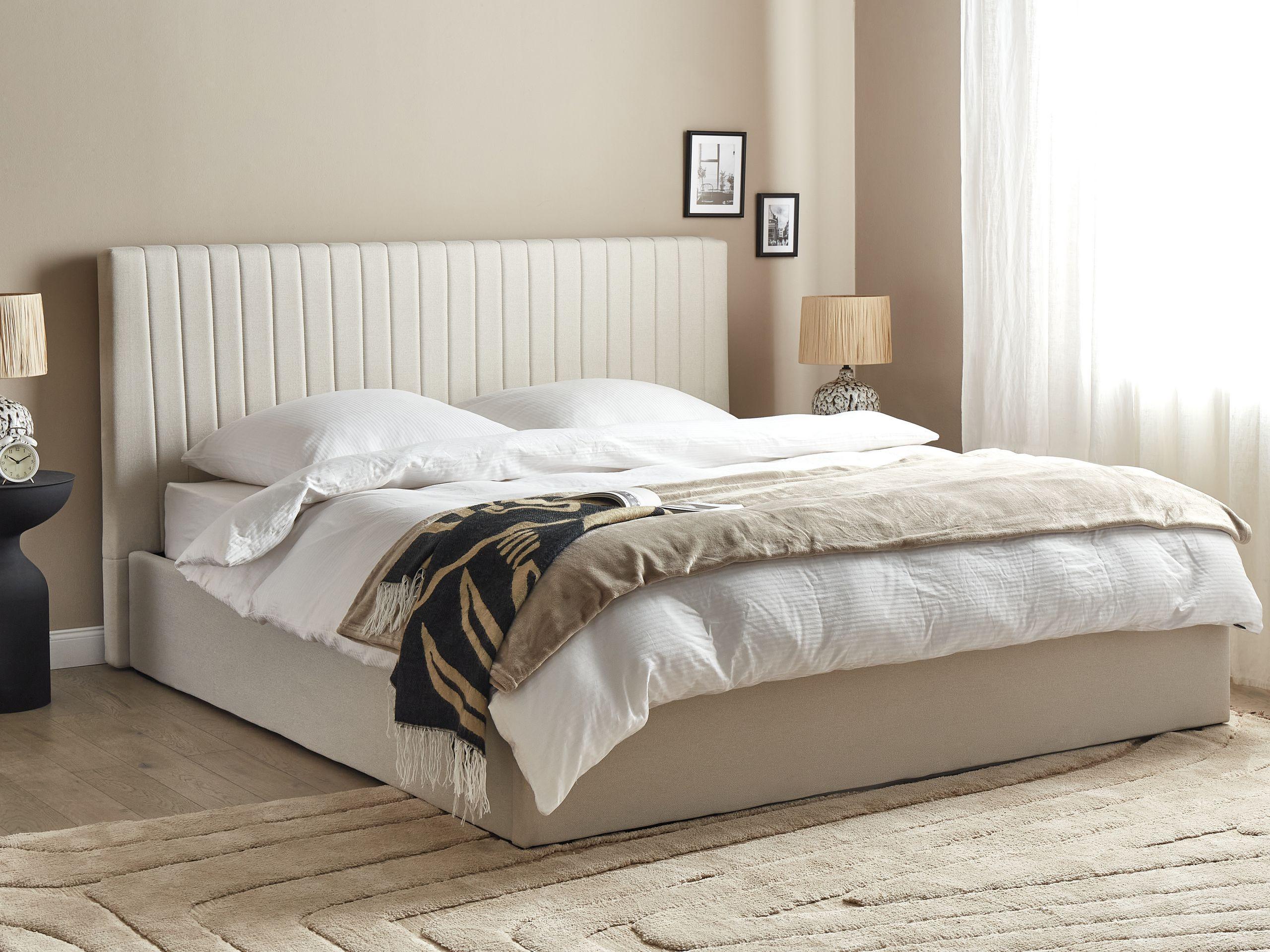 BETT mit Stauraum 180/200 cm Stoff Hellbeige Vion Textil Beliani Möbel > Betten Beige