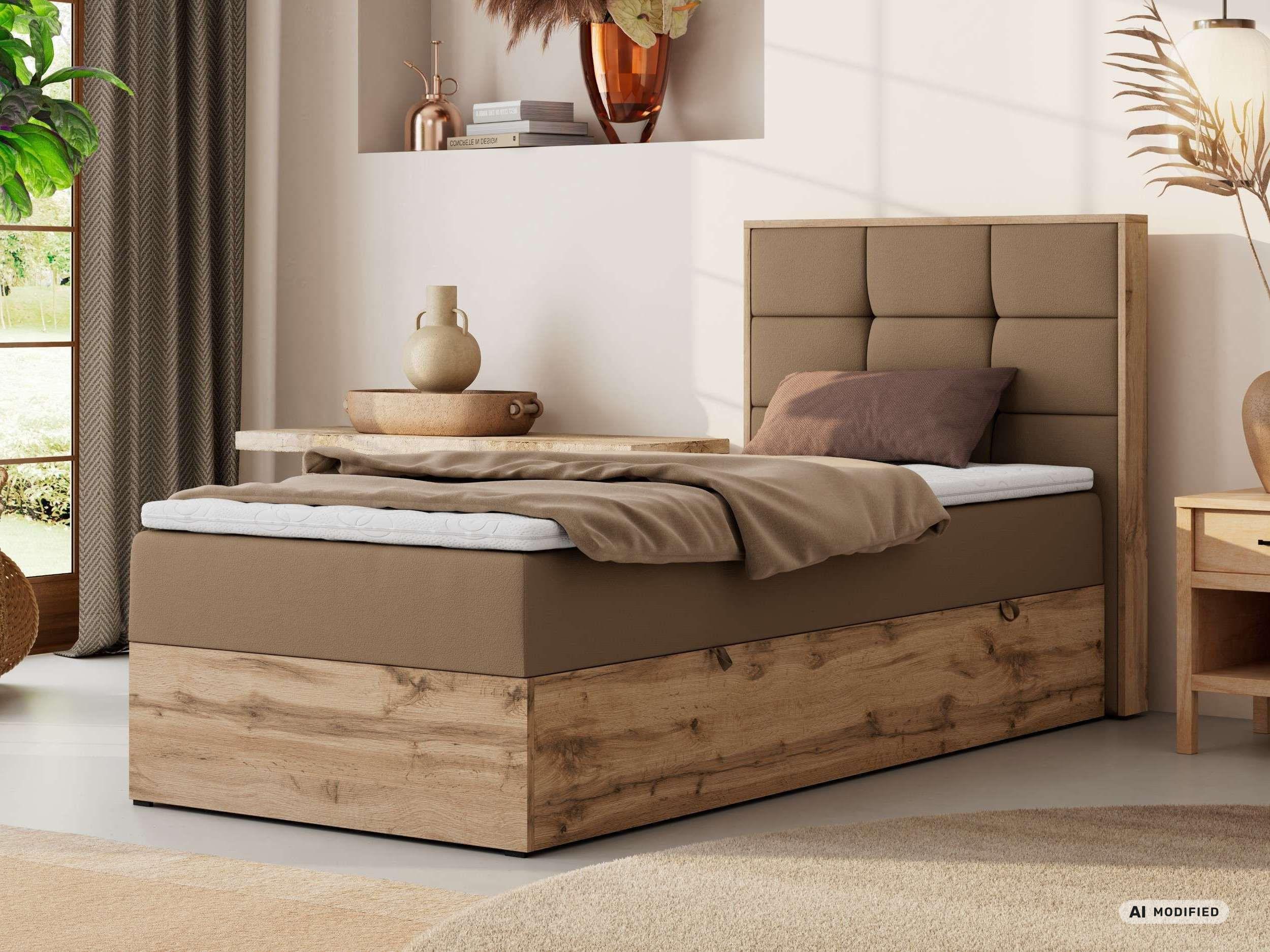 BOXBETT ALBERO 1 90/200 - Braun Kunstleder - Topper Visco - H3 - Rechts Textil MKS Möbel > Betten > Boxspringbetten Braun
