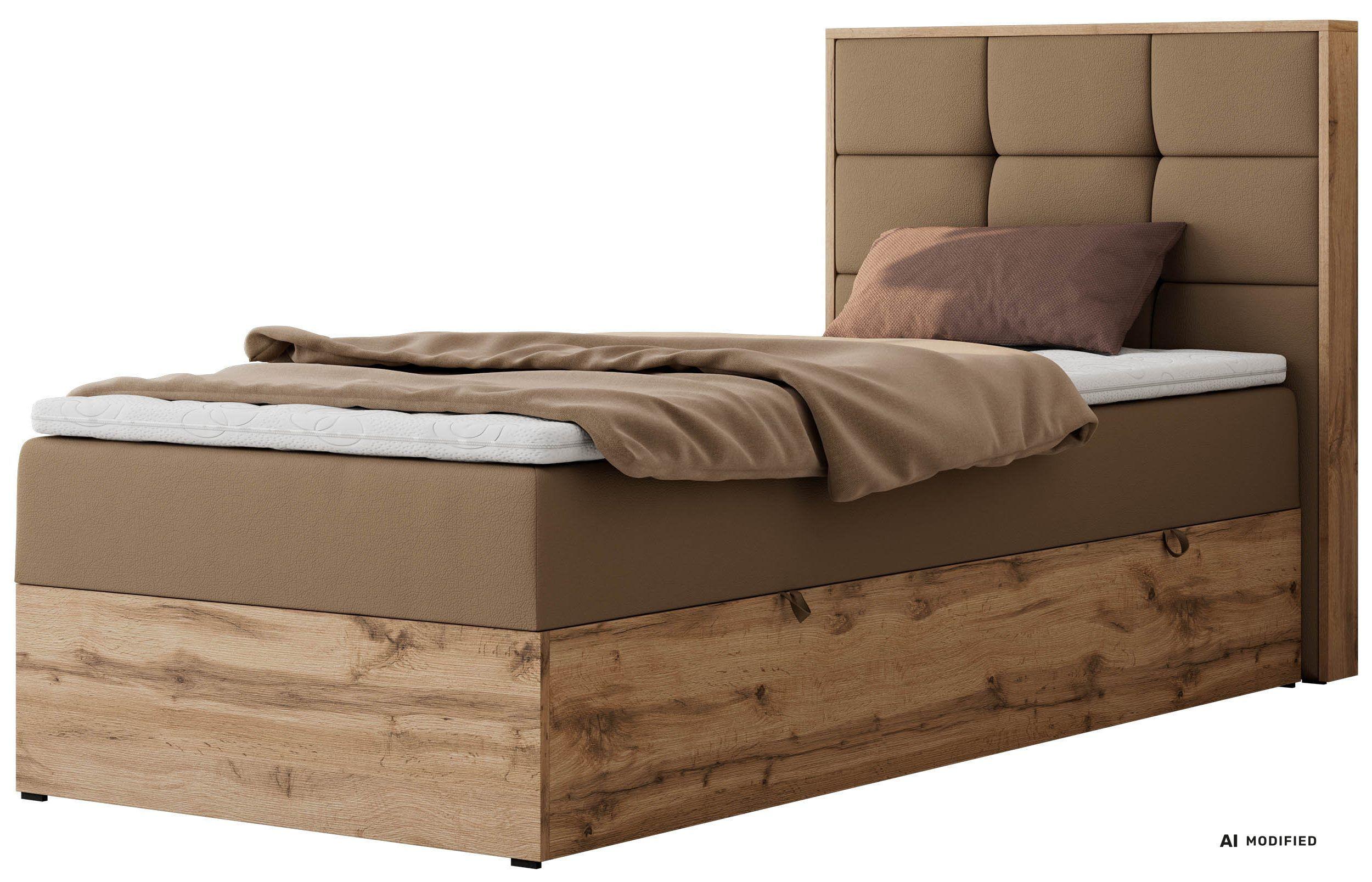 Wohnli Möbelsuche - BOXBETT ALBERO 1 90/200 - Braun Kunstleder - Topper Visco - H3 - Rechts