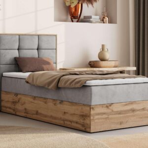 wohnli-moebel-suche-800001944668-1 BOXBETT ALBERO 1 90/200 - Hellgrau Velvet - Topper Visco - H4 - Links Textil MKS Möbel > Betten > Boxspringbetten Grau