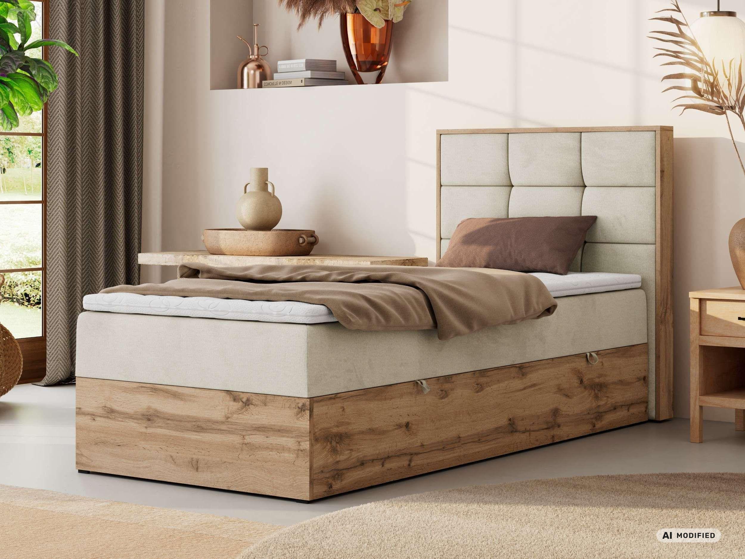 BOXBETT ALBERO 1 90/200 - Beige Velvet - Topper T25 - H4 - Rechts Textil MKS Möbel > Betten > Boxspringbetten Beige